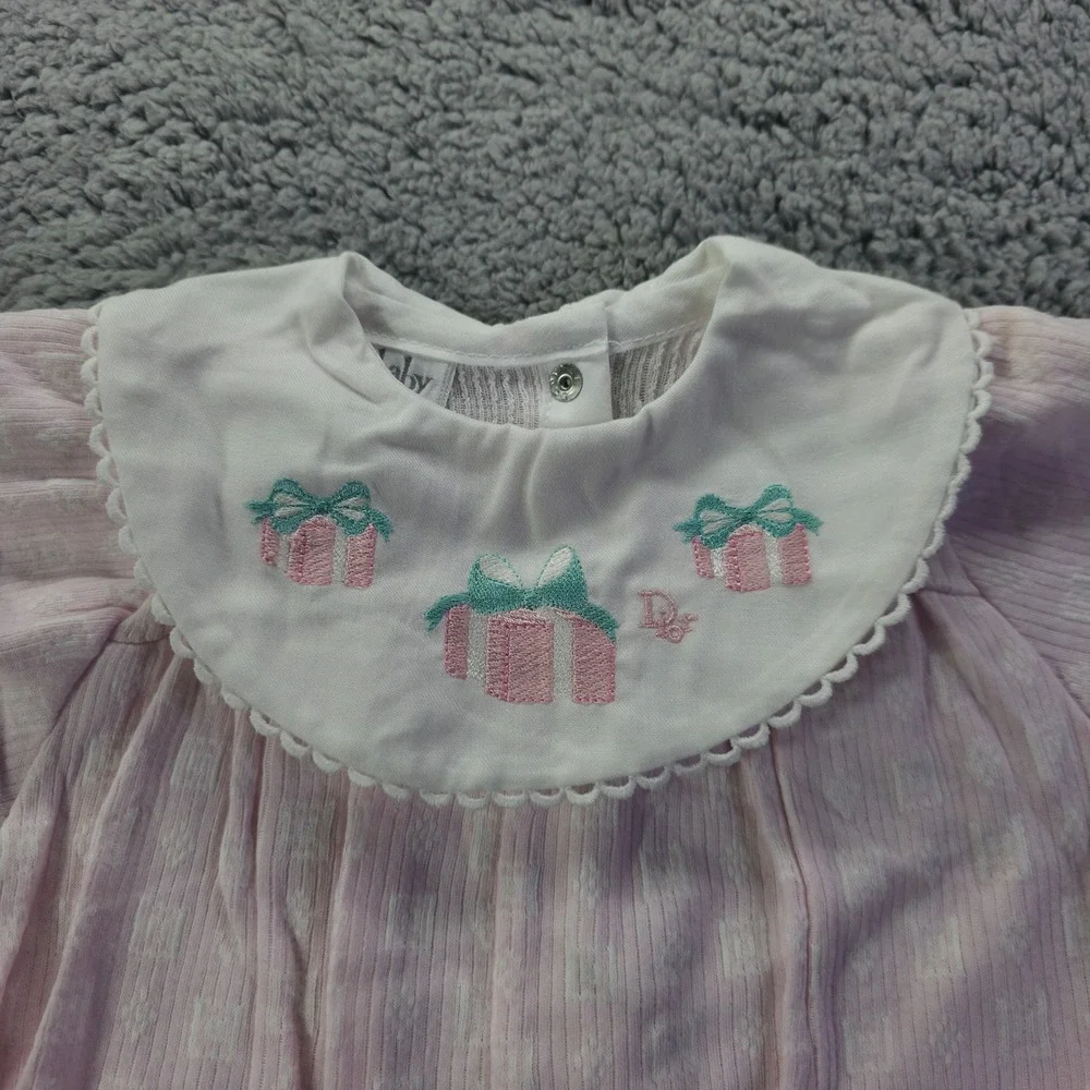 Baby Dior Vintage Pink Striped Embroidered Romper 9 Months Made in USA